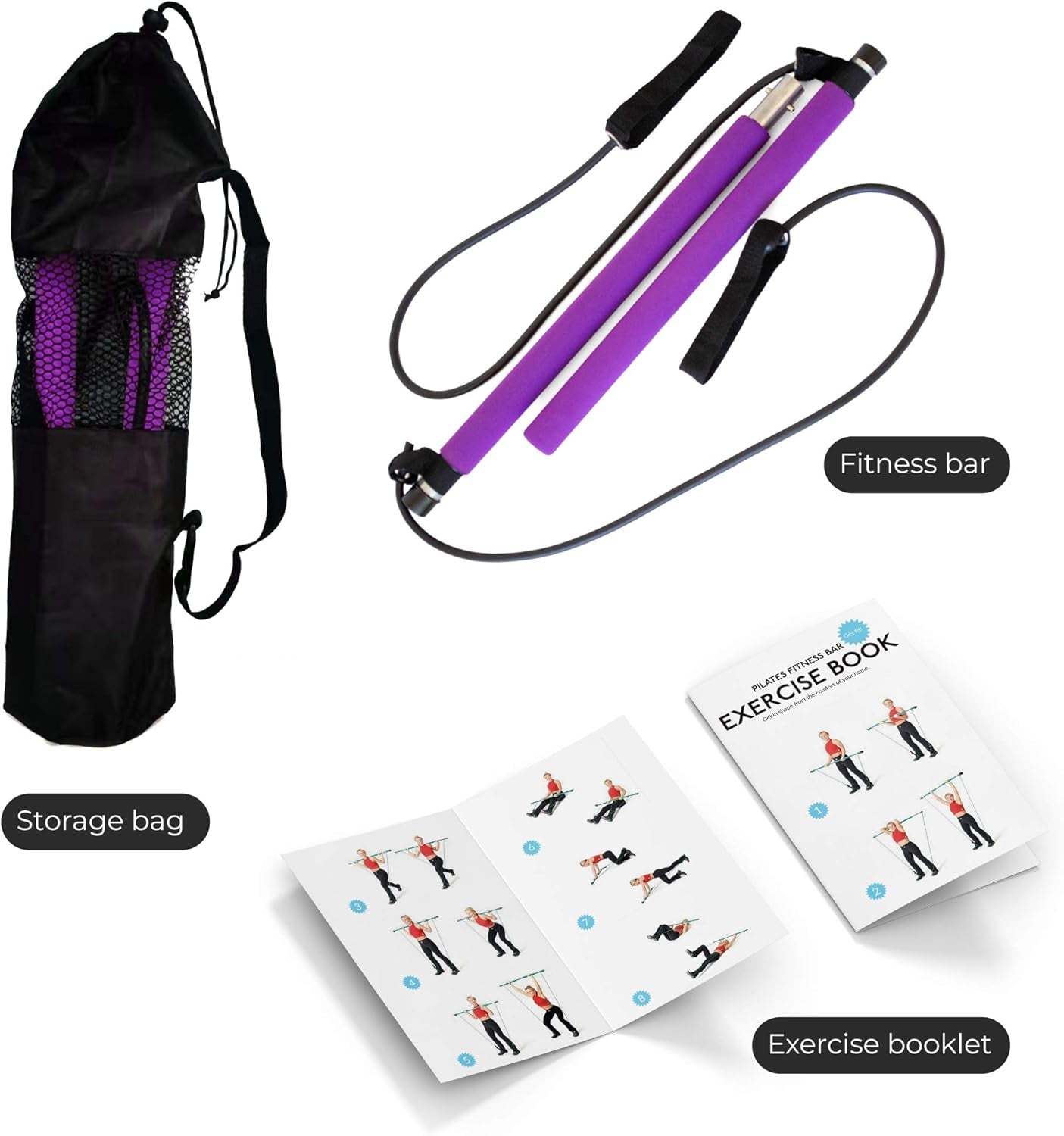 Vibelle Pilates Bar Kit Yoga Pilates Stick Portable Yoga Exercise Pilates Stick with Foot Loop & Resistance Rope Yoga Exercise Stick Kit-Ideal for Core Strength Fitness