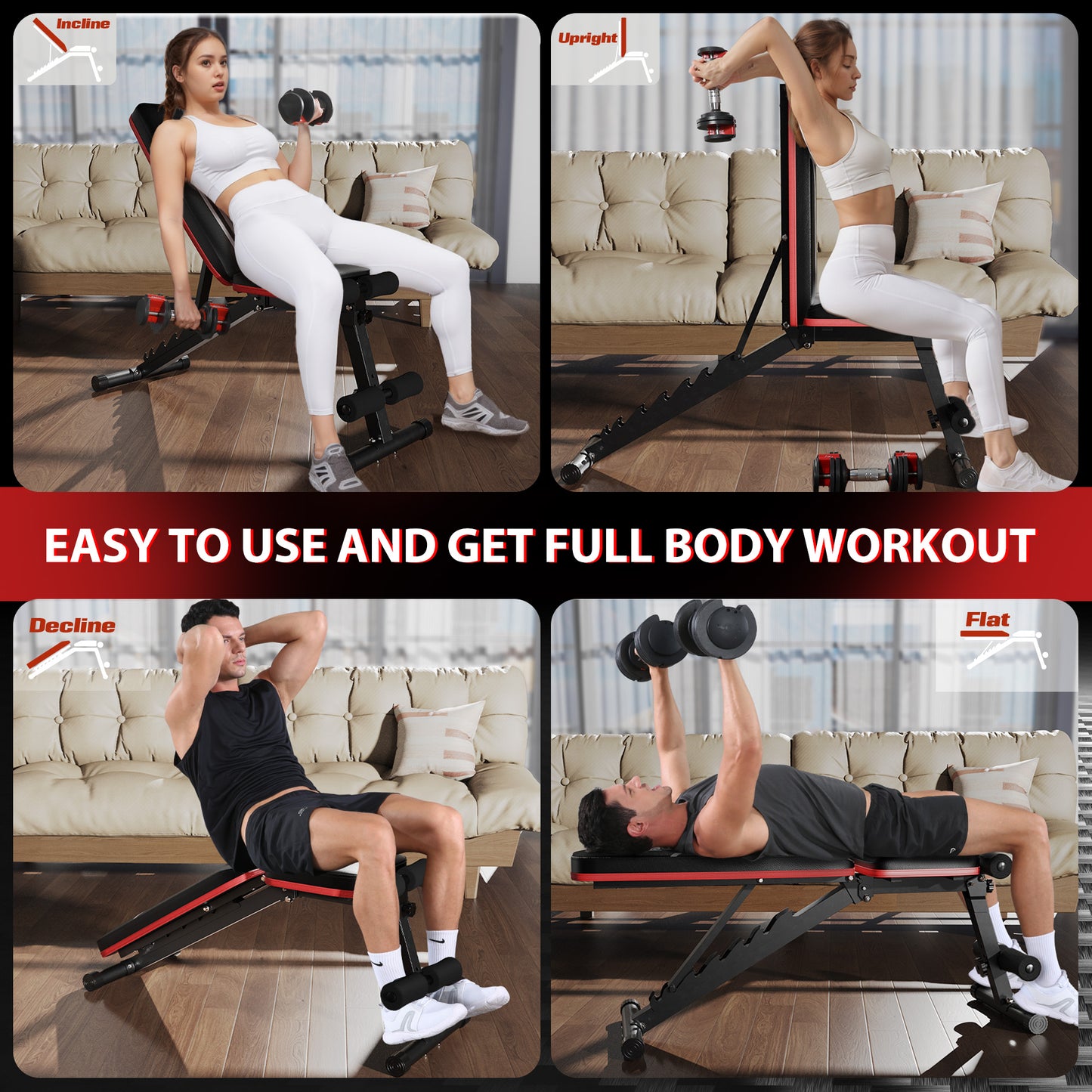 Adjustable Folding Weight Bench for Home Gym, Includes Resistance Bands