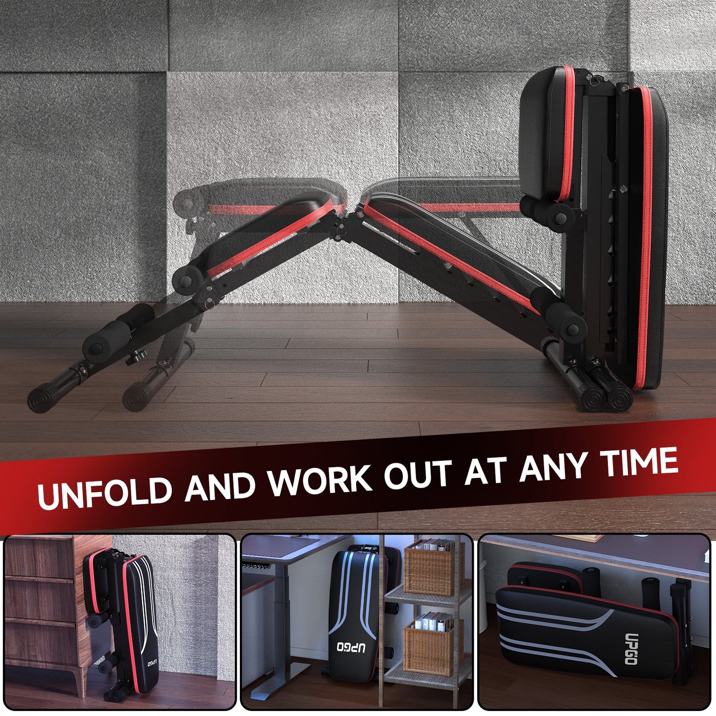 Adjustable Folding Weight Bench for Home Gym, Includes Resistance Bands